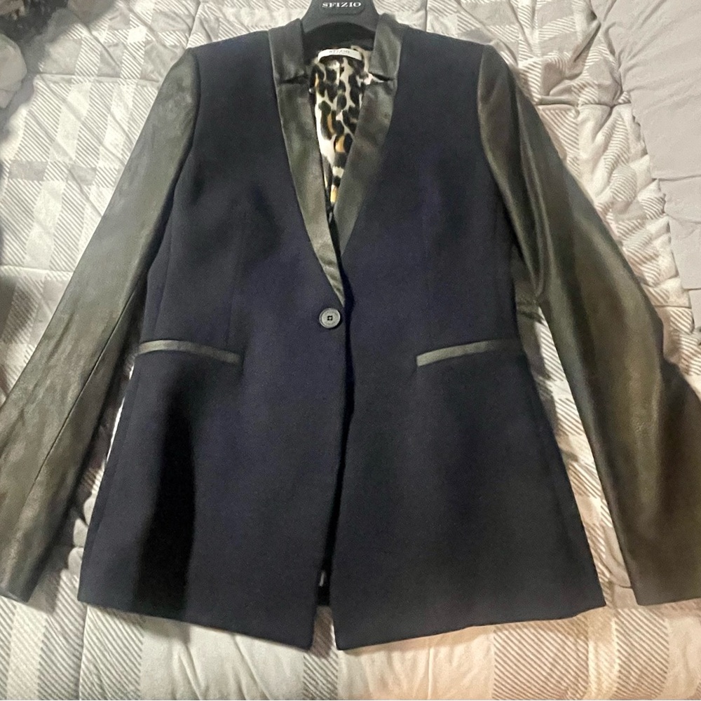 Stylish Navy Blazer with Black Leather Sleeves